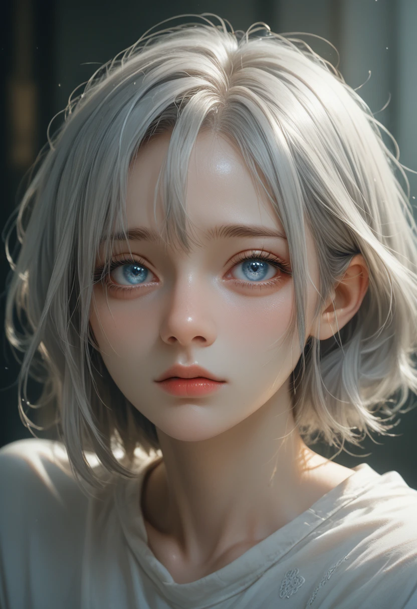 (masterpiece), Best quality, Blue eyes, light gray hair, expressive eyes, Let&#39;s go, sitting in a room of a multi-story apartment, night sky, Cityscape, looks at the viewer, Big City Lights, window, highlight, dramatic lights, calm face,