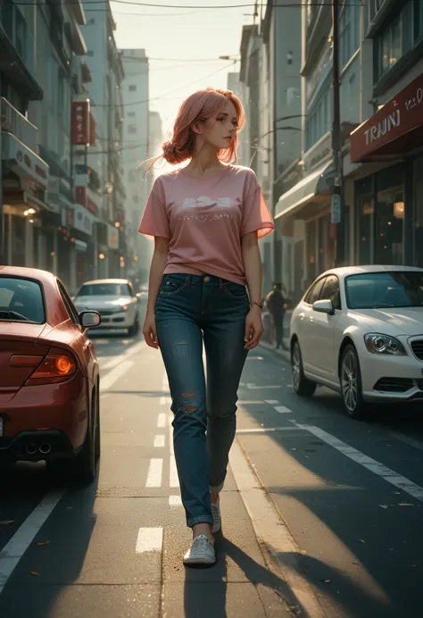 the flow of vision of a beautiful woman, walking down the street, her pink t-shirt and faded blue jeans, sunlit, a red car drive...