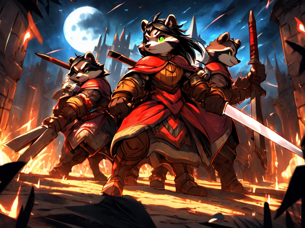 full body, battle ground background、full moon, A female raccoon, custom armor, night, medieval castle, very detailed, masterpiece, ultra resolution, perfect quality ,vivid colors,determined expression, strong shadows,majestic, dark atmosphere, green eyes, surrounded by soldiers, holding weapon up, head turned, looking over shoulder, swinging weapon, attacking with weapon, in battle, using weapon, long black hair 