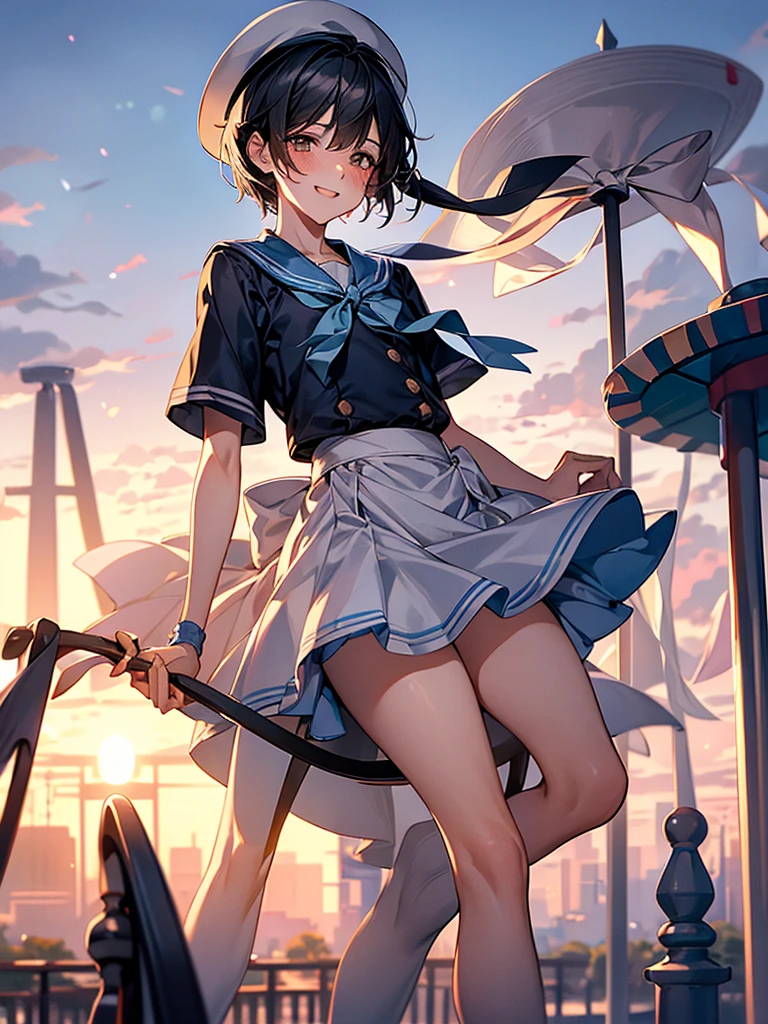 Best Quality, 1boy,Androgynous male,Flat Chest,Black Hair,Short Bob Cut,White and light blue sailor uniform,Hat with ribbon,Mini skirt dress,Ribbon on waist,Short sleeve,Laugh shyly, wind,smile,blush, Character Portrait, Photographed at an amusement park at sunset,Riding the merry-go-round