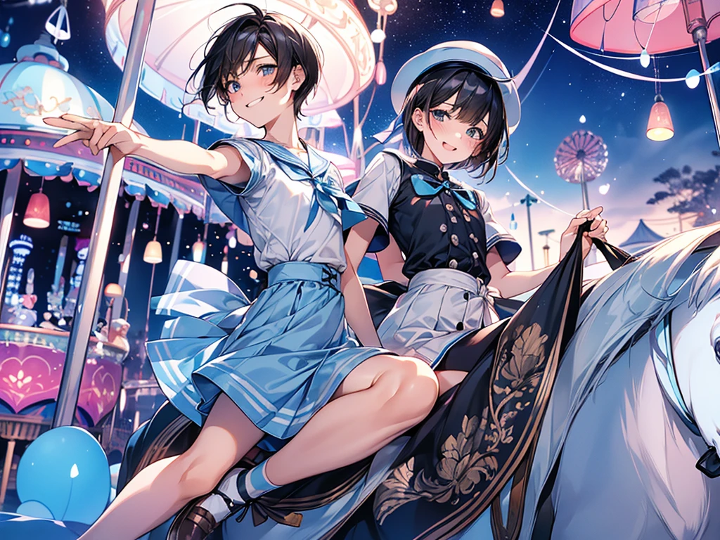 Best Quality, 1boy,Androgynous male,Flat Chest,Black Hair,Short Bob Cut,White and light blue sailor uniform,Hat with ribbon,Mini skirt dress,Ribbon on waist,Short sleeve,Laugh shyly, wind,smile,blush, Character Portrait, Amusement park at night,(Riding the merry-go-round),Align your legs