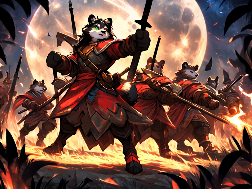 full body, battle ground background、full moon, A female raccoon, custom armor, night, medieval castle, very detailed, masterpiece, ultra resolution, perfect quality ,vivid colors,determined expression, strong shadows,majestic, dark atmosphere, green eyes, surrounded by soldiers, holding weapon up, head turned, looking over shoulder, swinging weapon, attacking with weapon, in battle, using weapon, long black hair 