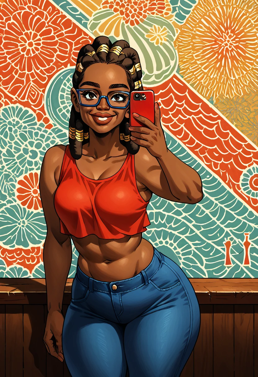 (masterpiece:1.2), (best quality), (ultra detailed), (8k, 4k, intricate),(half-body-shot:1), (highly detailed:1.2),(detailed background:1.2),((dark skin,plump lips, smiling)) there is a woman with glasses taking a selfie in front of a bar,black and light brown dreadlocks, she wears an red crop top, fancy pants with bandanna texture, taken in the early 2020s, mid 2 0's female, vacation photo, mid body shot, 30 years old woman, 3 0 years old woman, 2 , middle body shot, 2 , holiday vibe, with brown skin, 2 