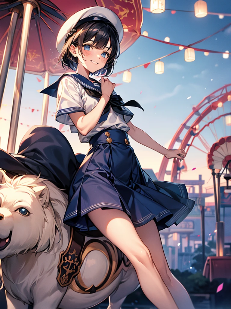 Best Quality, (1boy1.5),Androgynous male,Flat Chest,Black Hair,Short Bob Cut,White and light blue sailor uniform,Hat with ribbon,Mini skirt dress,Ribbon on waist,Short sleeve,Laugh shyly, wind,smile,blush, Character Portrait, Amusement park at night,(Riding the merry-go-round),Sit with your legs together