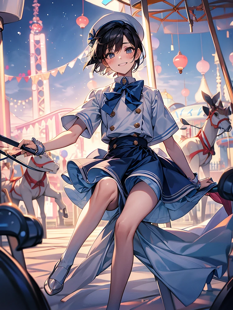 Best Quality, (1boy1.5),Androgynous male,Flat Chest,Black Hair,Short Bob Cut,White and light blue sailor uniform,Hat with ribbon,Mini skirt dress,Ribbon on waist,Short sleeve,Laugh shyly, wind,smile,blush, Character Portrait, Amusement park at night,(Riding the merry-go-round),Sit with your legs together