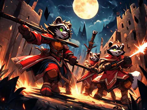 full body, battle ground background、full moon, a female raccoon, custom armor, night, medieval castle, very detailed, masterpiec...