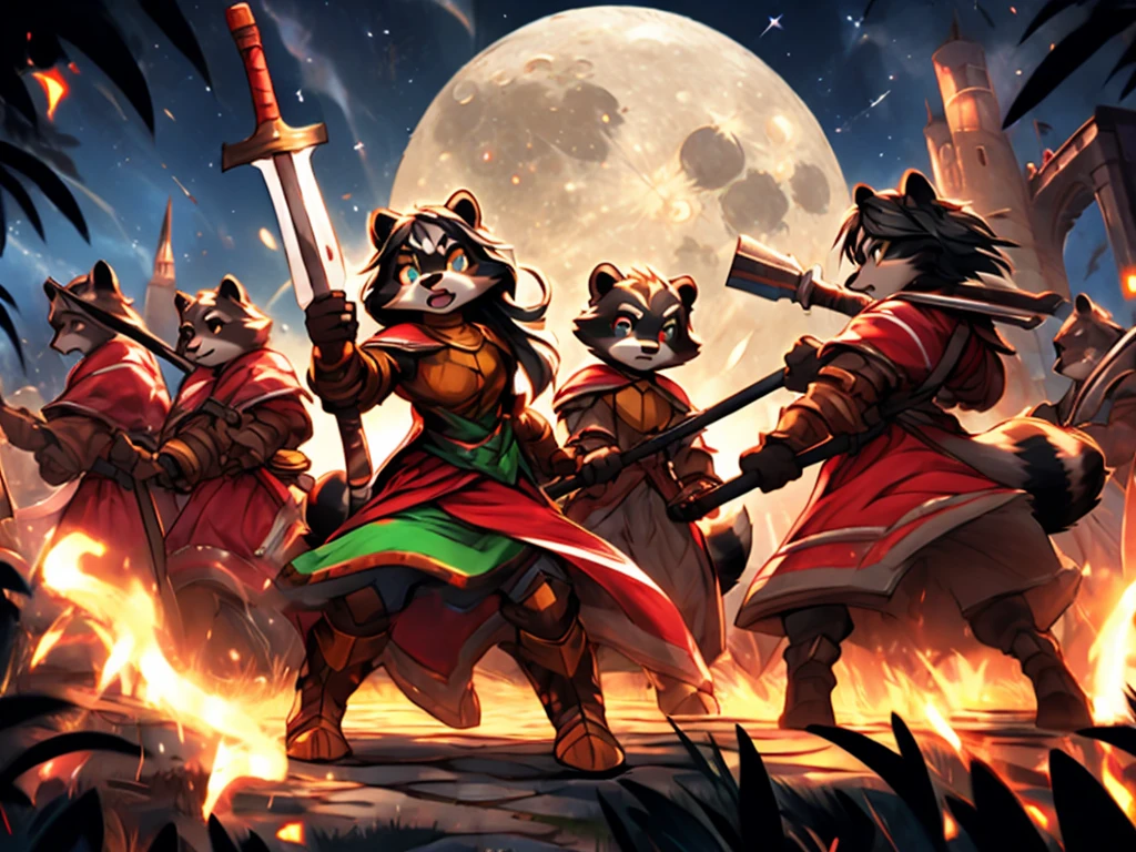 full body, battle ground background、full moon, A female raccoon, custom armor, night, medieval castle, very detailed, masterpiece, ultra resolution, perfect quality ,vivid colors,determined expression, strong shadows,majestic, dark atmosphere, green eyes, surrounded by soldiers, holding weapon up, head turned, looking over shoulder, swinging weapon, attacking with weapon, in battle, using weapon, long black hair 