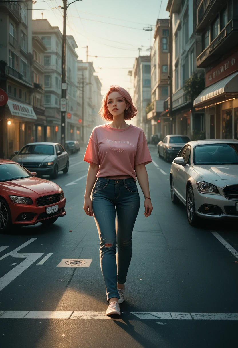 The flow of vision of a beautiful woman, walking down the street, Her pink t-shirt and faded blue jeans, sunlit, a red car drives by in the background, and a world of flickering light.  