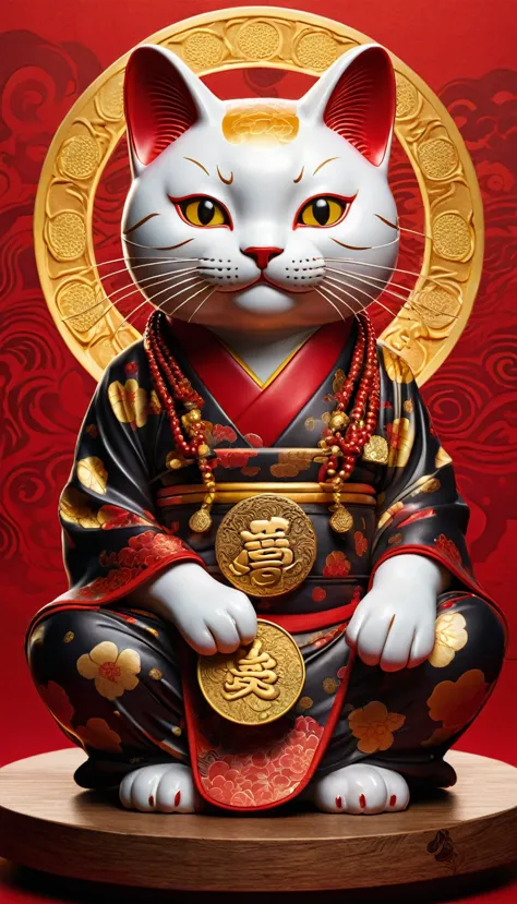 hybridexa maneki neko's deep in amber, a dark and mysterious world unfolds, a surreal dead of a villian who is a striking illust...