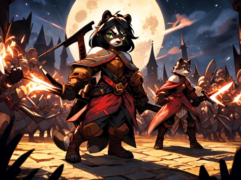 full body, battle ground background、full moon, a female raccoon, custom armor, night, medieval castle, very detailed, masterpiec...