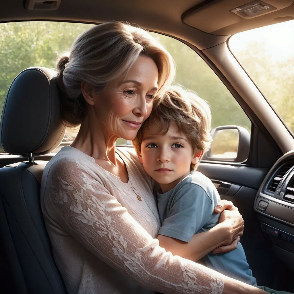 (mother and son), mature female, kid, in a car, hug, cuddle