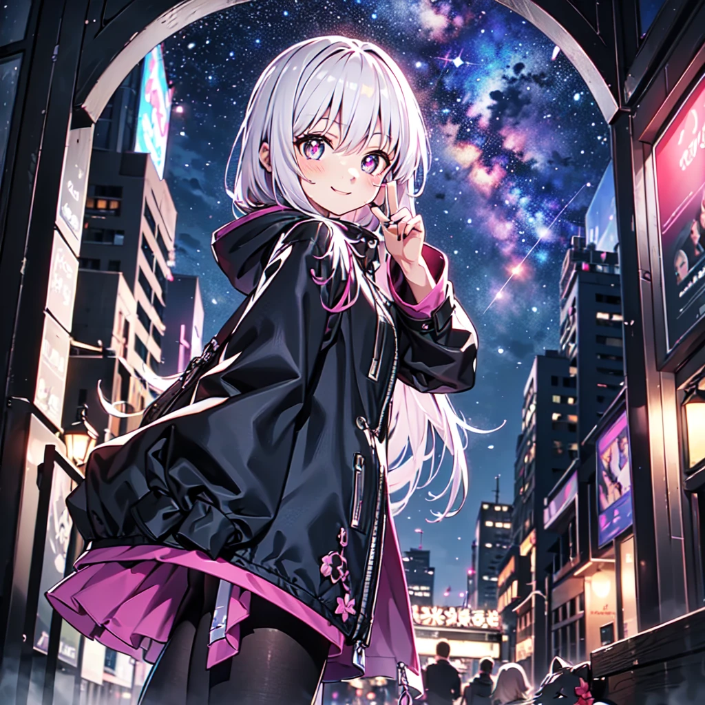 ((masterpeace)), ((high quality)), (((4k))), a girl, huge bast, fluffy pink hair, long hair, Having big round eyes, like anime girls face, smiling, beautiful fingers, fair skin, clear indigo eyes that seem to expand the universe in her pupils, wearing large black hooded coat, doing cute pose, She turns her palm toward us, as if inviting someone to join her, flying on beatfuly nweyork sky, dark andａfew light in back grownd, midnight, beautiful night view of a big city