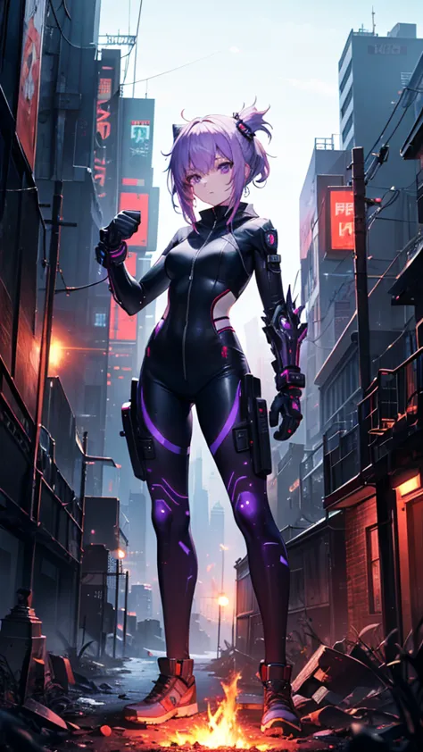 (tabletop), (the perfect athletic build:1.2), anime style, whole body, cyberpunk girl,  wearing a cyber costume, black and purpl...