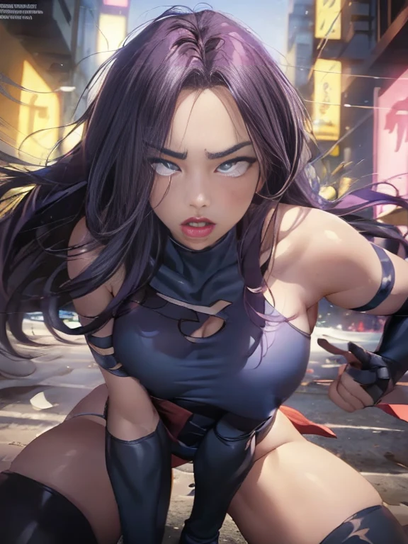 ((SUPERHEROINE PSYLOCKE )) , ((She has long hair)), (She is wearing her uniform), (masterpiece, best quality) 1chica, older, Alone, (sexy, Pretty woman, Perfect face, perfect eyes), image of 1/2 body , (PSYLOCKE, serious gaze), dynamic pose, superhero battle pose. . ((((action)))), ((movement)), (((motion))), ((dynamic)), background, a city in the night, city lights, blur background. ahegao, rolling eyes
