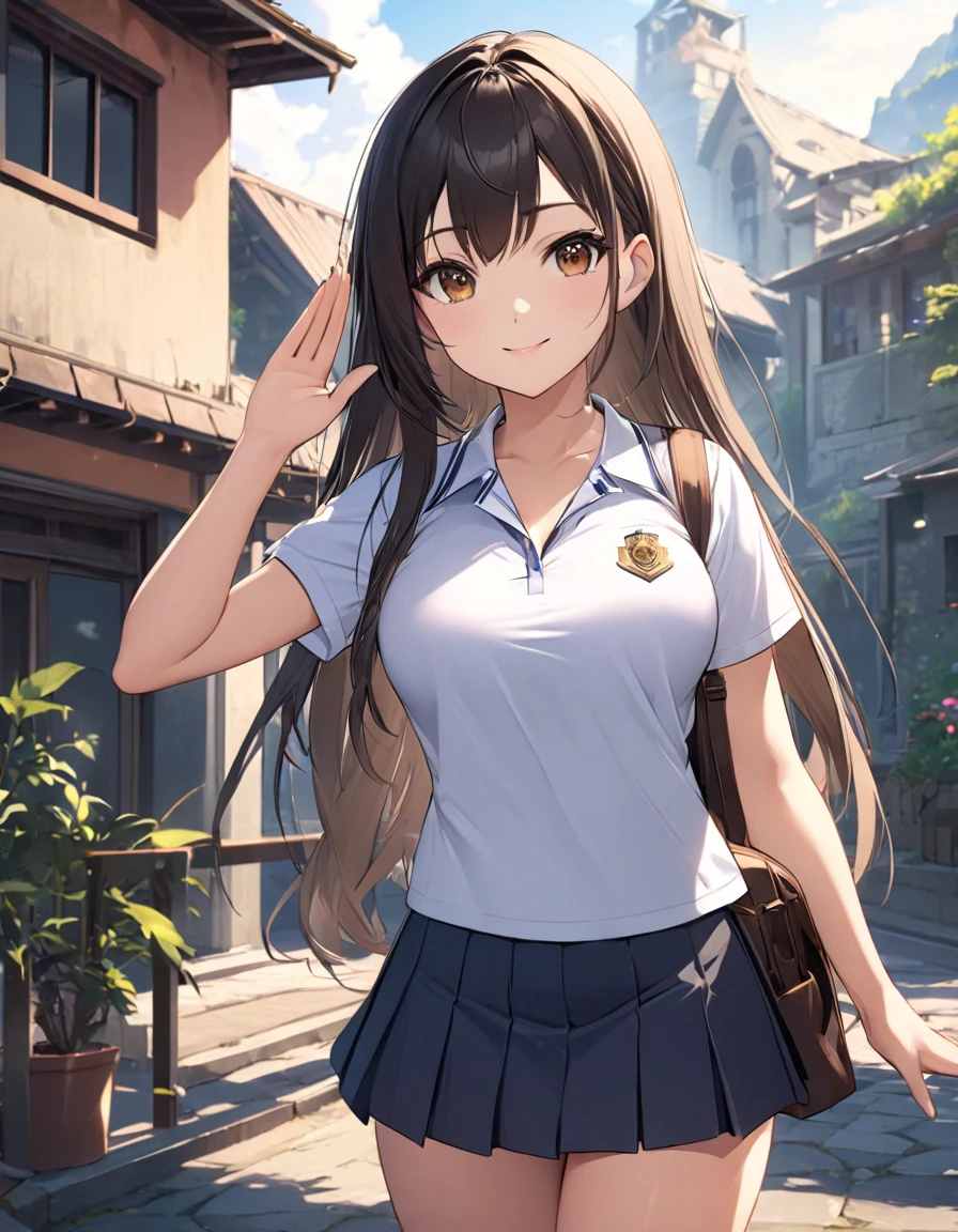 4k, bestquality, detailed, detailed scenery, detailed eyes, 1Girl, cute, adorable, straight hair, long hair, black hair, brown eyes, cleavage, smiling, looking at the camera, standing, (military salute:1.2), (one hand up:1.8), (at living:1.3), upper body,  (school uniform:1.3), Short sleeve Polo shirt, mini skirt