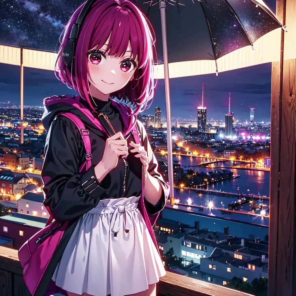 ((masterpeace)), ((high quality)), (((4k))), a girl, fluffy pink hair, short red hair, Having big round red eyes, like anime girls face, smiling, beautiful fingers, fair skin, clear red eyes that seem to expand the universe in her pupils, wearing large black hooded coat, doing cute pose, umbrella on hand, She turns her palm toward us, as if inviting someone to join her, flying on beatfuly nweyork sky, dark andａfew light in back grownd, midnight, beautiful night view of a big city