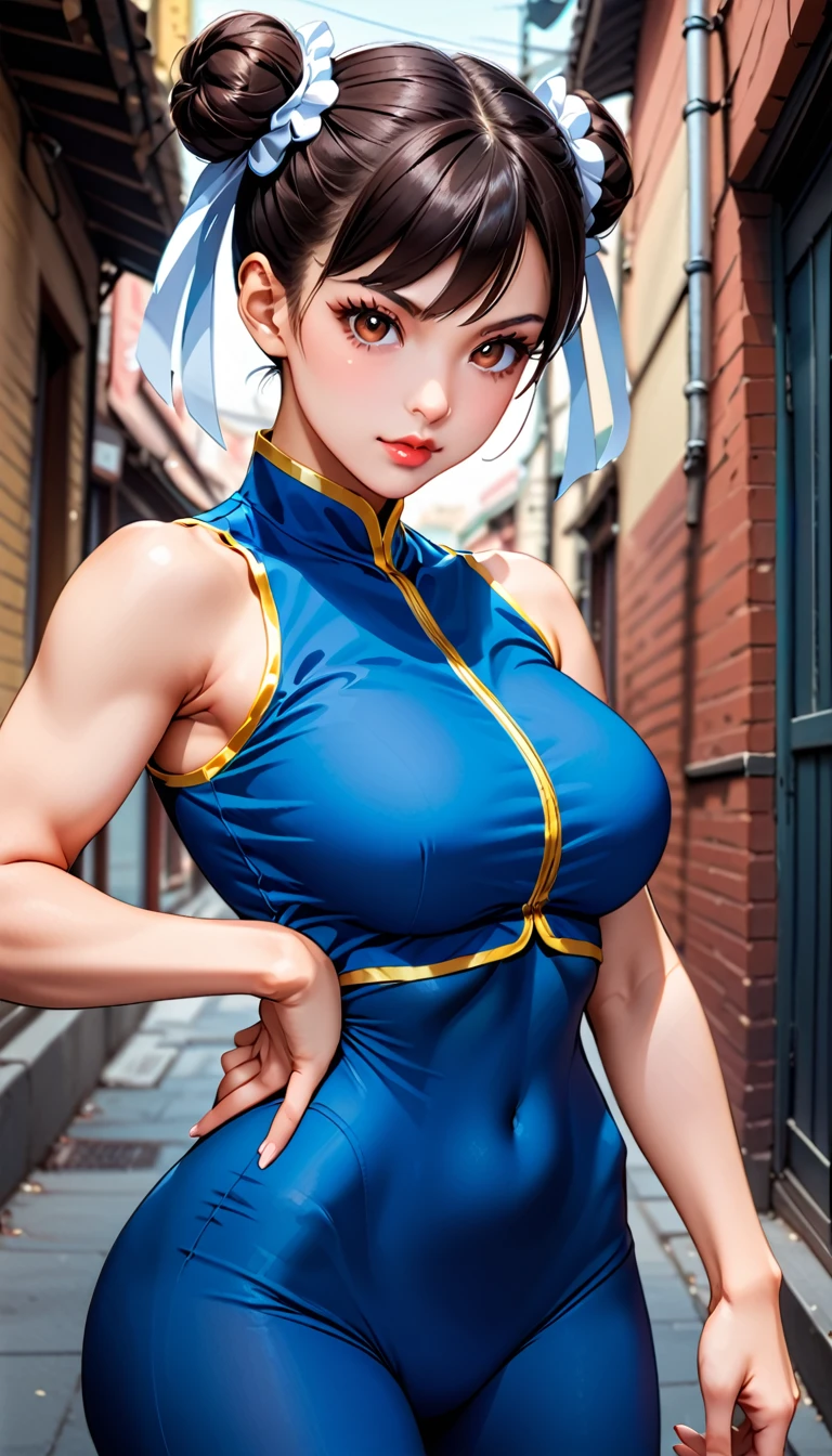 score_9, score_8_up, score_7_up, BREAK, score_9, 1girl, chun-li,street fighter, black hair, brown eyes, eyelashes, short hair, breasts, looking at viewer, standing pose, lips, blue bodysuit, blue leotard, blue vest, sleeveless, cowboy shot