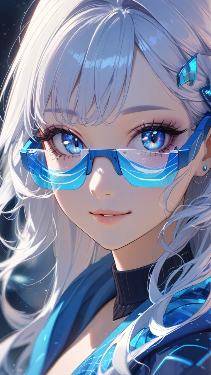 1girl, beautiful  eyes, beautiful  lips,  beautiful eyes and face, long eyelashes, blue and white hair, blue hoodie with wave pattern, dynamic wavy hair, blue eyes, blue headphone, futuristic glasses ,smile futuristic,  futuristic skirt 