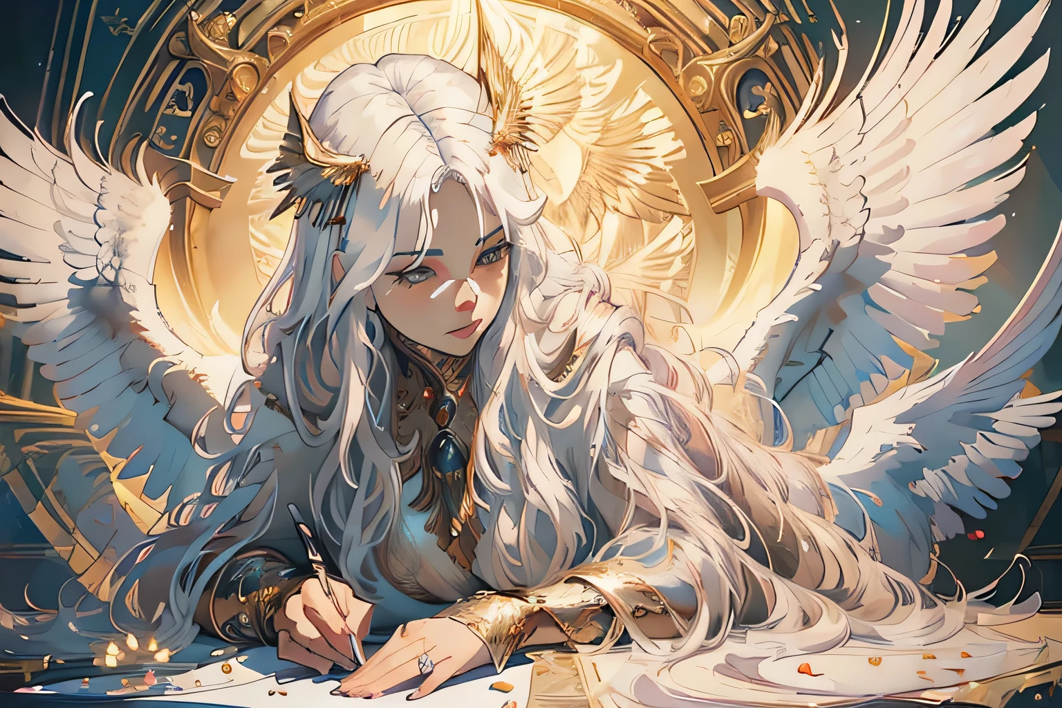 a winged person,1 female angel,beautiful detailed eyes,beautiful detailed lips,extremely detailed face and skin,long eyelashes,white feathered wings,long flowing hair,elegant flowing dress,serene expression,heavenly light,golden glowing aura,cinematic lighting,dramatic shadows,vibrant colors,soft pastel palette,magical fantasy,digital art,(best quality,4k,8k,highres,masterpiece:1.2),ultra-detailed,(realistic,photorealistic,photo-realistic:1.37)