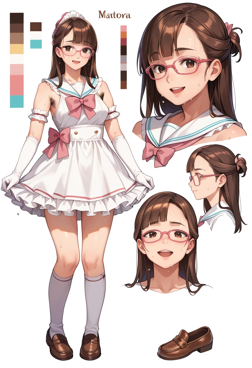 ((Best Quality)), ((masterpiece)), (detailed), ((masterpiece)),(((Best Quality))),((Reference Sheet, Character Design, front, return, ~ ~ side, half updo, Mr...々performance, Facial Expressions)), , Cute type, mature female,(Frilly maternity dress)、White sailor collar, pubic hair,pink frame glasses,White long gloves with lace trim,loafers,Headdress,Brown Hair,blunt bangs,armpit hair,pink bow,bow in hair, (white thigh-high socks)(Sweaty skin:1.4),Medium sized breasts, detailedな顔, blush, Open Mouth Smile, Realistic buttocks