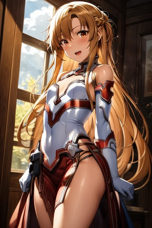 ((Best Quality)), ((masterpiece)), (be familiar with), Perfect Face, indoor, bedroom, Watching the audience,
One woman, Yuuki Asuna,
Open Mouth, Ecstatic expression, blush, smile,
Small breasts, Flat Chest, , , child, Girl,
Long Hair, Long Hair,
Leg spread,