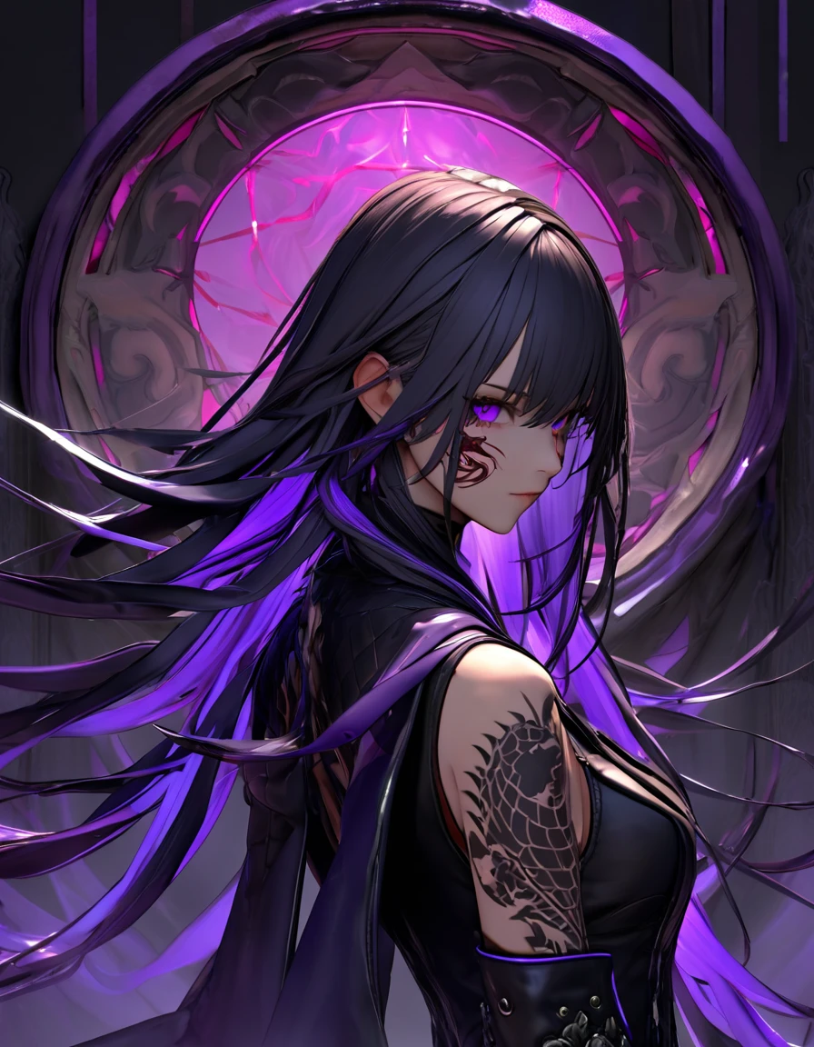 1girl,portrait, assassin, dark fantasy , long flowing hair in shades of black and purple, tribal Tattoo on the face, a sleek black leather outfit which including dragon tattoos on her arms. dimly underground chamber, back view but slightly looking at viewer,(dynamic Light from torches), stealth atmosphere. The color palette is predominantly dark and moody, with hints of red and purple accents , depth and texture to the overall composition,(masterpieces:1.4),(best quality:1.5),(anatomy perfect),gloss:0.5,[[realistic:0.5]],[[3d:0.3]]