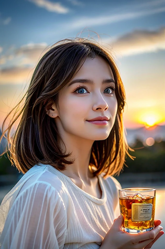 (Realistic, 超Realistic:1.4), 16K HDR, High resolution,((Whiskey Glass)),((Whiskey Bottle))Brown short hair,The best smile、Japanese Actress,so beautiful(It looks like the real thing),Evening Dresses,Cocktail Dresses、Whiskey Bottle、The Macallan、Johnnie Walker、、Old Parr、whiskey、Slim couple、Model Couple、(Realistic, Intricate details:1.2), Single Malt、scotch、Rocks glass、Shot Glasses、Whisky on the Rock、Scotland、Amazing view of the sunset sky and clouds、,Digital SLR camera, Soft lighting, Detailed Background, Volumetric lighting, Sharp focus, super Realistic 肌,so beautiful表現です,Cloud Effect:1.2、プロ品質のHigh resolution、Best Quality,Slim figure,Highly detailed face,Detailed eyes,Beautiful Lips,Excellent light particles,Cinema Lighting,blue eyes,