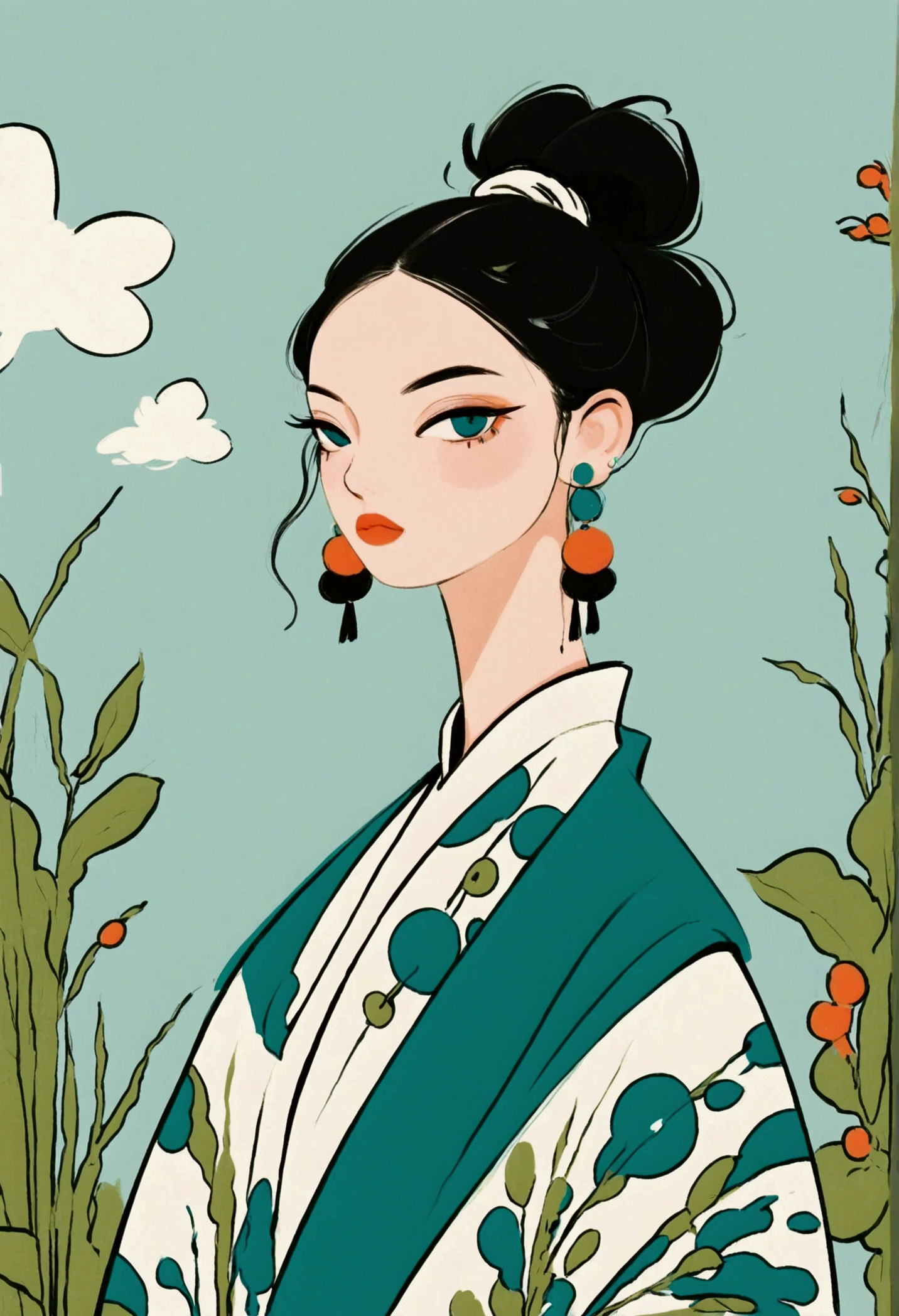 Large target, Blue earrings, Hair tied neatly back, Clothing with abstract patterns，With bold colors such as black, Green, White, and, Neutral interior background. 灯光柔and均匀, Create a calm and composed atmosphere. The viewing angle is frontal，特写聚焦于上半身and配饰.
