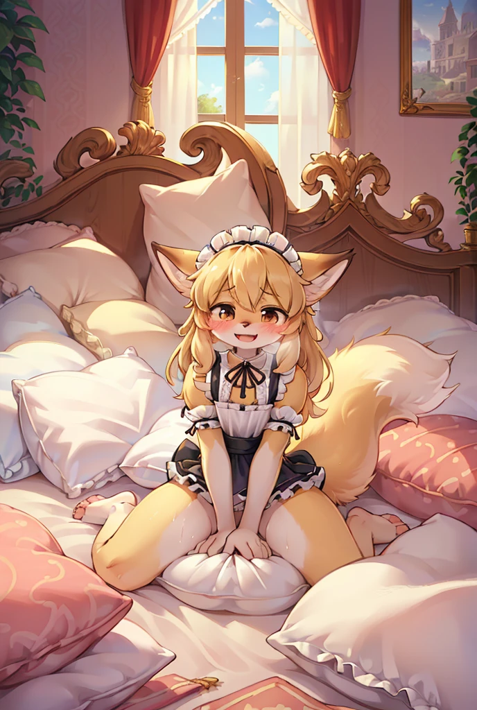 （masterpiece，best quality），mine, The Beast, , (Light and shadow suitable for any Pillow background））, 穿着Maid costume的可爱女孩在Pillow上摆姿势,，Maid costume，nature,, (blush),a smile，Pillow,（Lots of Pillow），Soft cushion，（canopy bed），（Pillow），Lots of Pillow，（Friction in the crotch），（（Pillow Hump）），（A tail），（Around the protagonist），steam，（Pillow），（Luxury Pillow），（Palace Pillow Pattern Pillow），（palace），（Palace bedroom），（Gorgeous Pattern Pillow），Soft Pillow，，（Classical European style bedroom ），（excited，shy person，Lack of expressiveness，），pillow hump,，(Deluxe Rococo Canopy King Bed),Luxurious curtains with ornate ruffles and ribbons hang around the large bed.,((((The bed is piled with many Pillows)))),Quilt details,Detailed bed linen,Ruffled Bed Skirt,Deep Bed,Background with depth,((Pillow in detail)), ((((A Lot of Pillow))))，,，Detailed Soft Pillow,,((女孩正躺在许多Soft Pillow上,There are many Pillows around))，、、In a large canopy bed、Soft sheets and quilts、Colorful soft Pillow、Lots of Pillow、Soft toned bed、Ruffled curtains around the bed.。Delicate face，（Ornate pattern pillow），Soft pillows，，（Classical European style bedroom ），（Excited face，Opened his mouth，Shy，），,MASTURBATING WITH PILLOW,，，FORTUNES，fox girl，，sweaty，，sitting，，Blushing，Shy,((feet on pillows，feet trample on pillows))