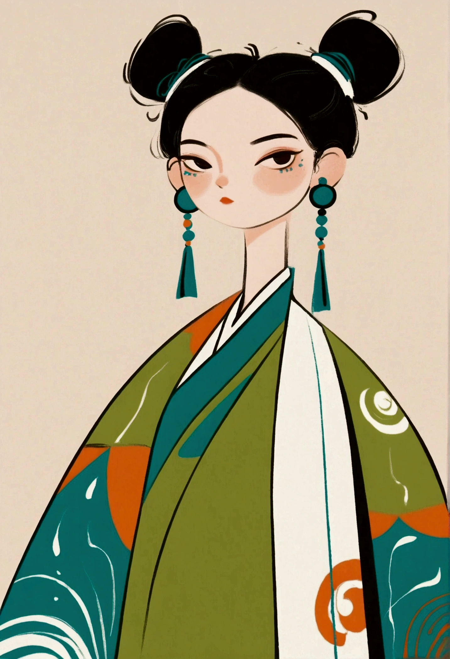 Large target, Blue earrings, Hair tied neatly back, Clothing with abstract patterns，With bold colors such as black, Green, White, and,  Create a calm and composed atmosphere. The viewing angle is frontal，特写聚焦于上半身and配饰.
