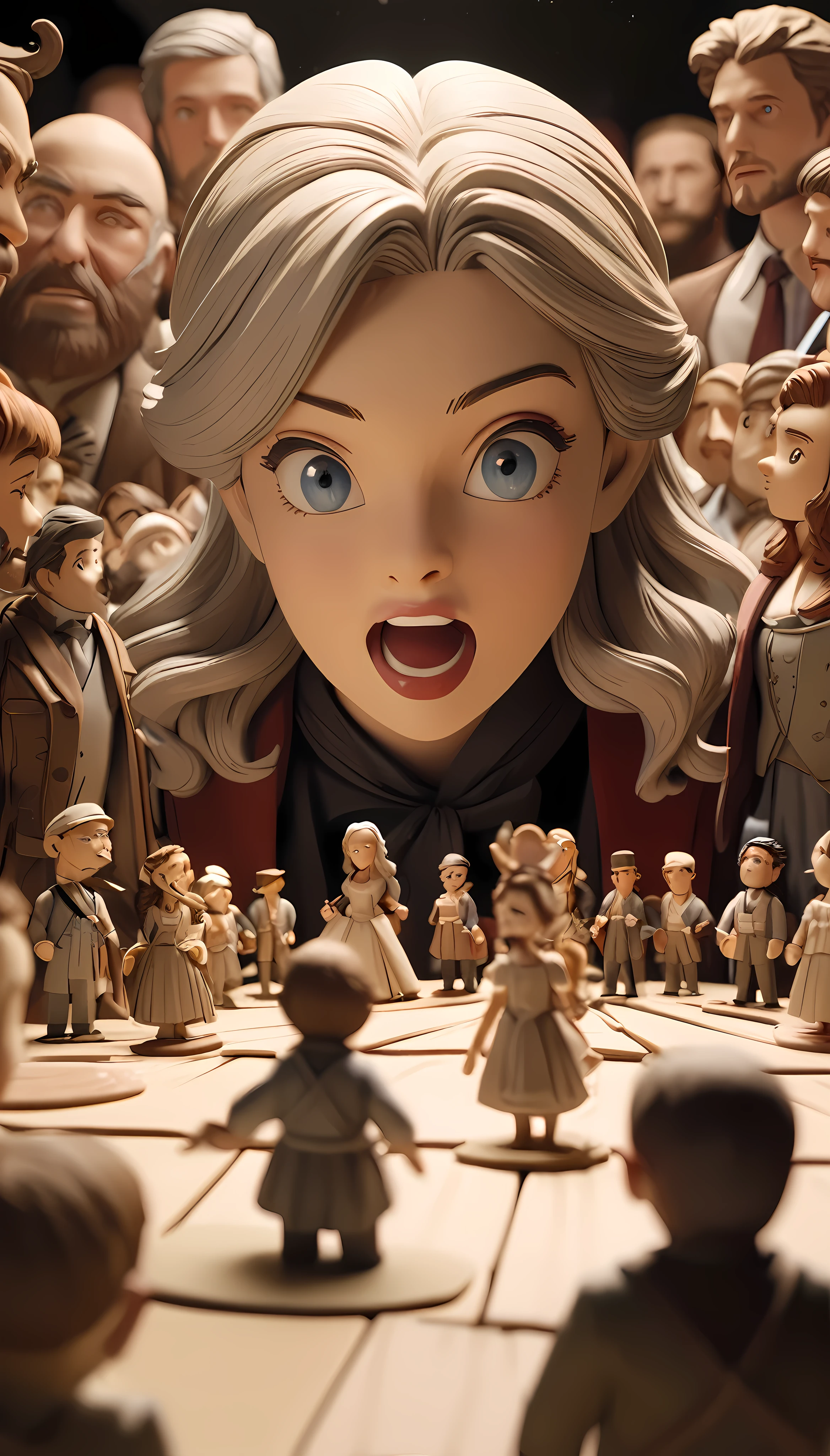 a clay animation, highly detailed and realistic clay models, comical scene, immersive, opera-themed, close-up shot, emphasis on clay model art, clay model animation photography