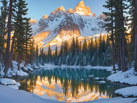 a serene mountain landscape at sunrise, with soft golden light illuminating the snow-capped peaks, and a calm lake reflecting th...