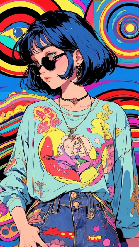 girl with short black hair, wearing sunglasses, in loose hippie style clothes, trippy mushroom landscape, 90s retro poster style...