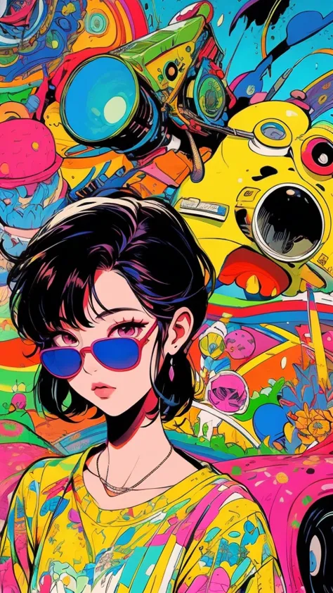 girl with short black hair, wearing sunglasses, in loose hippie style clothes, trippy mushroom landscape, 90s retro poster style...