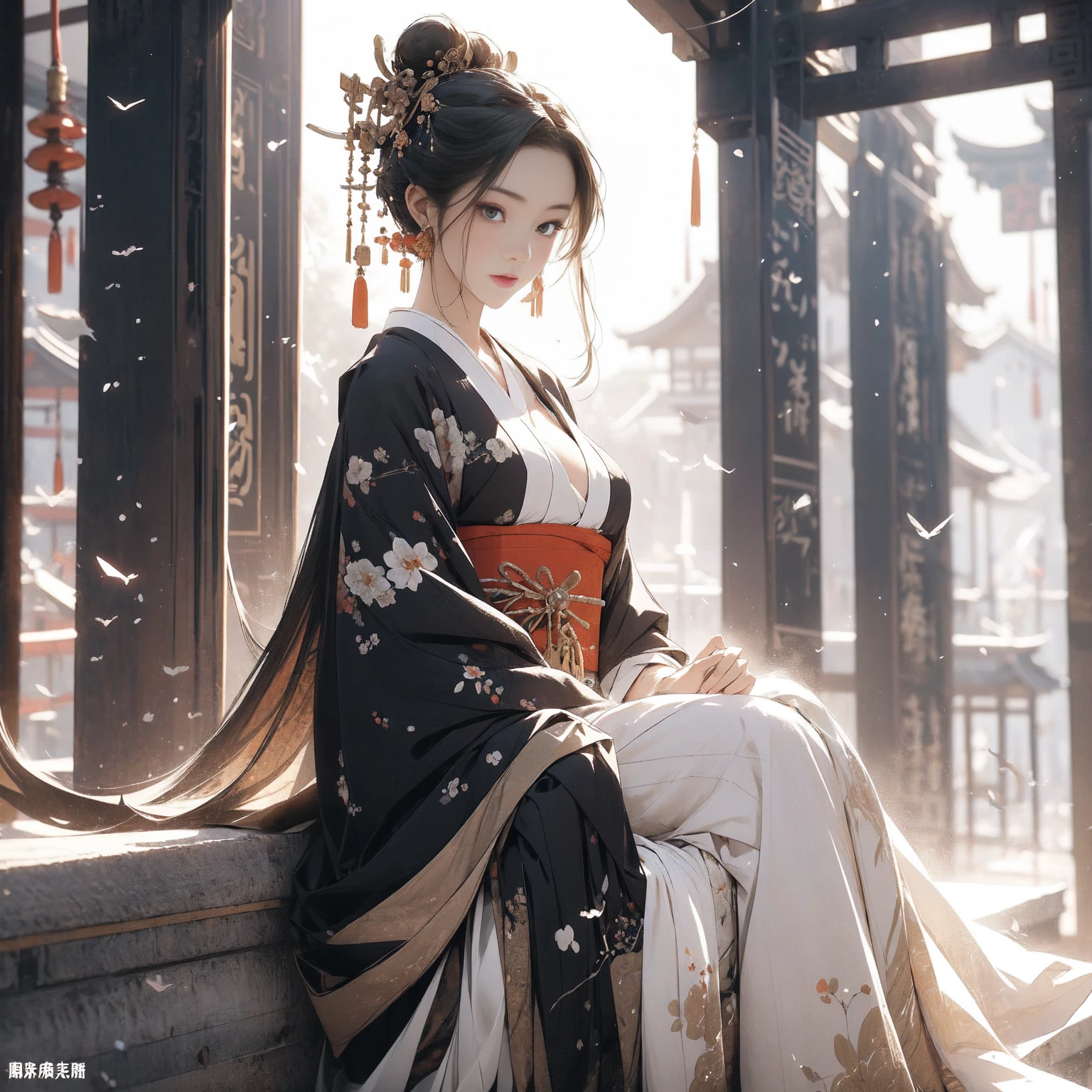 tmasterpiece, best qualtiy, 8K, extremely exquisite and beautiful, shocking, fine details, extremely gorgeous, high resolution, 4K, 8K, detailed CG concept illustration, professional, sharp focus, clear focus, meticulous facial characterization, tons of details, An extremely beautiful Asian woman with long snow-white hair that exudes silver luster. Her hair is flowing in the wind. There are several thick and complex braids hanging down from her ears. She has a Geisha-style bun on her head, which is full of Geisha hair. Gorgeously decorated hairpin, big fox ears, nine snow-white fox tails flying in all directions on the hips, flowing hair details, gorgeous and luxurious kimono with complex structure, white kimono and red kimono belt, exaggerated shape of the belt with golden artistic Japanese style totems , the white clothes have a light ornate landscape painting, the skirt is open to reveal the huge snow-white breasts and cleavage, the hem reveals the slender and perfect long legs, and the feet are wearing gorgeous Geisha black lacquered high-heeled clogs, the color is black with gold, the posture Elegant, extremely elegant, geisha's standing posture, sexy and seductive smile, illustration composition, the background is a Japanese torii gate and exquisite and luxurious Japanese-style architecture, the distant view is a dreamy Japanese-style palace loft island floating in the air, dreamy In the mist, there are wonderful creatures flying in the sky, they are looming in the clouds and mist, and there are waterfalls pouring down on the islands. In a dreamy atmosphere, there are rainbows looming between the islands.