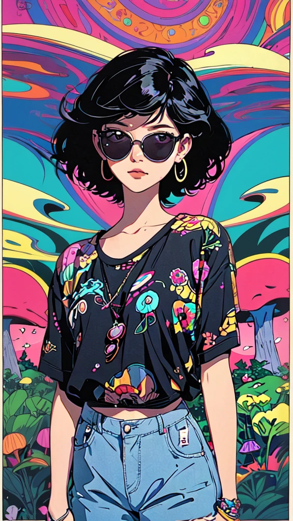 girl with short black hair, wearing sunglasses, in loose hippie style clothes, trippy mushroom landscape, 90s retro poster style, 90s illustration style, vivid colors, psychedelic, surreal, detailed, high quality, 90s illustration, 90s cartoon, 90s cartoon network, 90s animation