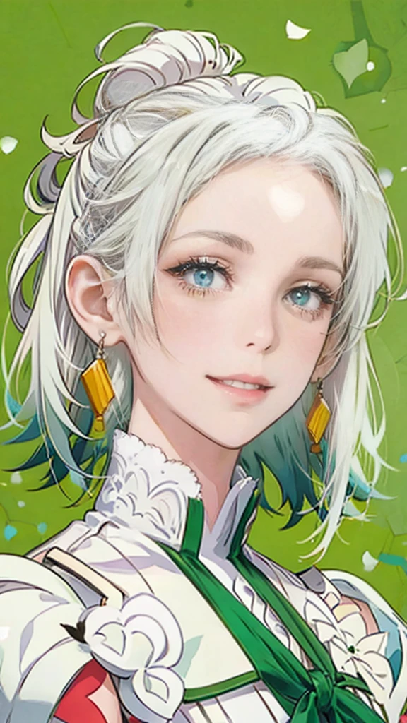 girl. ((white hair)). ((green eyes)). hairstyle. earrings. open shoulders. portrait. forehead, medium forehead, smiling,
