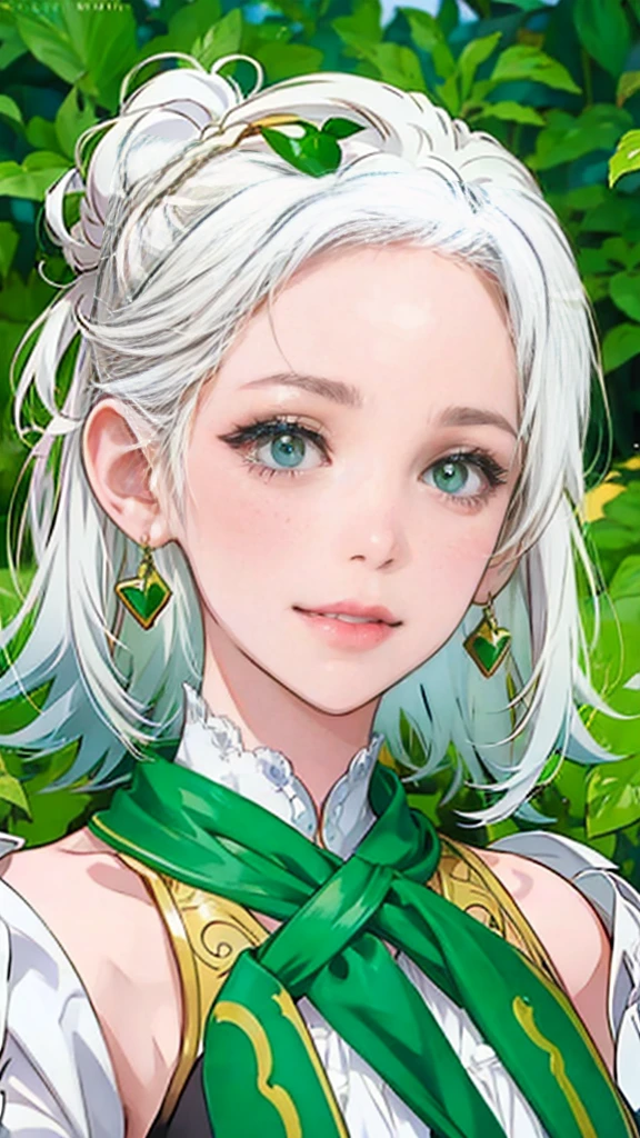 girl. ((white hair)). ((green eyes)). hairstyle. earrings. open shoulders. portrait. forehead, medium forehead, smiling,
