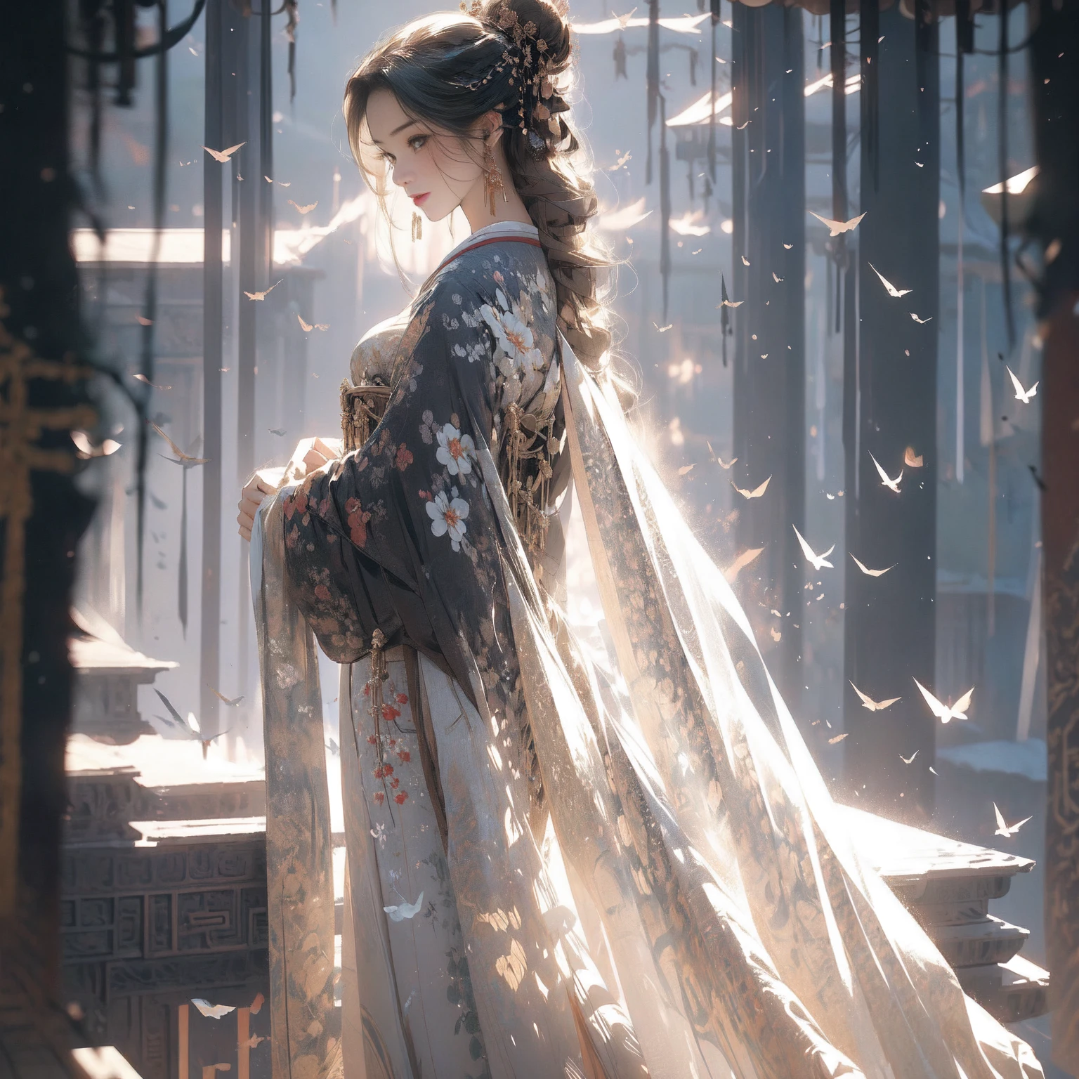 full body:1.75,tmasterpiece,best qualtiy,8K,extremely exquisite and beautiful,shocking,fine details,extremely gorgeous,high resolution,4K,8K,detailed CG concept illustration,professional,sharp focus,detailed face The depiction, with a lot of details, shows an extremely beautiful Asian woman with long snow-white hair that exudes silver luster. Her hair flows in the wind, with several thick and complex braids hanging down by her ears, and a geisha-style bun on her head. Full of geisha hair accessories and gorgeous hairpins, big fox ears, nine snow-white fox tails flying in all directions on the hips, flowing hair details, gorgeous and luxurious kimono with complex structure, white kimono and red kimono belt, the shape of the belt is exaggerated and matched with Golden artistic Japanese style totem, white clothes with a light ornate landscape painting, the skirt is open to reveal the huge snow-white breasts and cleavage, the hem reveals the slender and perfect long legs, and the feet are wearing gorgeous Geisha black lacquered high-heeled clogs, the color is black Gold in the middle, elegant posture, extremely elegant, geisha's standing posture, sexy and seductive smile, illustration composition, the background is a Japanese torii gate and exquisite and luxurious Japanese architecture, the distant view is a dreamy Japanese style palace floating in the air Attic Island, dreamy fog, there are wonderful creatures flying in the sky, they are looming in the clouds and mist, the island has waterfalls pouring down, a dreamy atmosphere, there is a rainbow looming between the islands