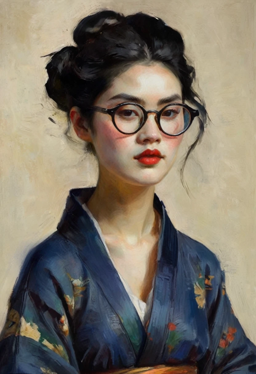 1girl, pale skin, dark blue kimono, round glasses, thick outlines, side pouch, black hair, tied in a single bun, needle pin in bun,big breasts, black eyes, Painted thick texture brush, expressive brush strokes, rich opaque colors, bold brushwork, varied pressure sizes, impasto texture, suggestive rendering, chiaroscuro, tonal contrast, lighting, shadow, illumination, by Gaugin, Dali, Pollock, Kahlo