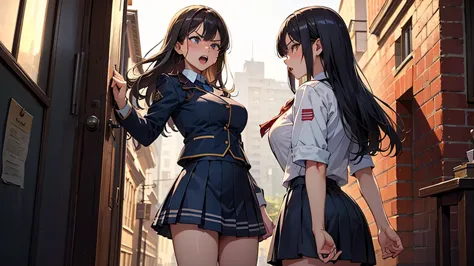 best quality、masterpiece、high resolution、pictured alone、cute girls、large breasts、uniform uniform、mini skirt、angry and raging、