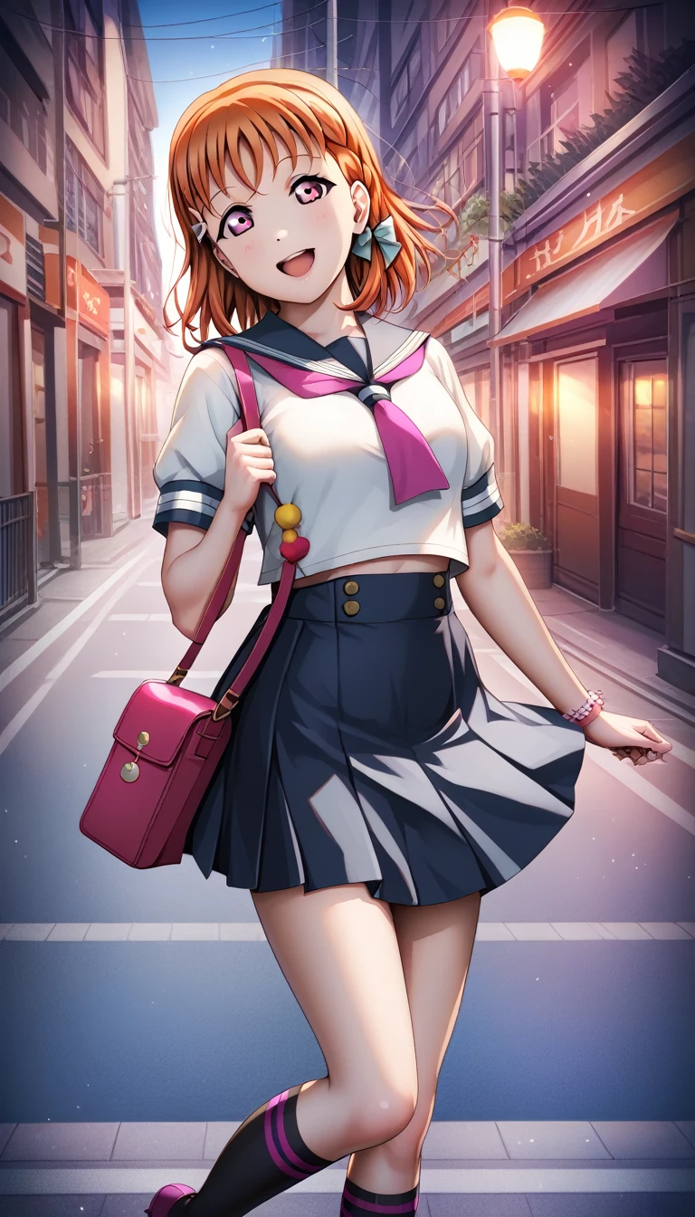 masterpiece, best quality, realistic anime style,love live art style, takami chika , orange hair, medium hair, pink eyes, side braid,  standing, flying skirt,   kneehighs , street, sailor top,gray mini skirt, tareme, open mouth, smile, looking at viewer , shoulder bag, realistic dynamic lighting 