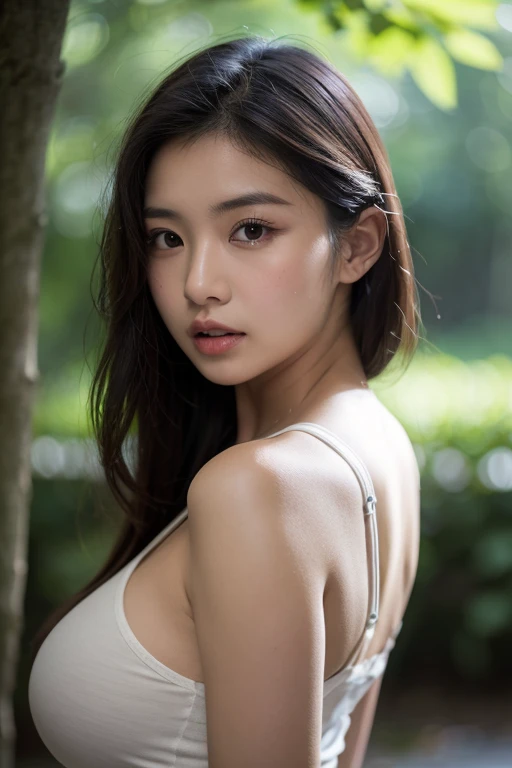 1 beautiful young indo-japan woman, soft big breast, ((upper body selfie)), masterpiece, best quality, ultra-detailed, ground, outdoor, (overcast), nature, sad and anger, forest, smoke, shadows, style, (warm tone), close-up, cinematic light, back lighting, ultra high resolution,  best shadow, RAW, upper body, realistic style, depth of field 