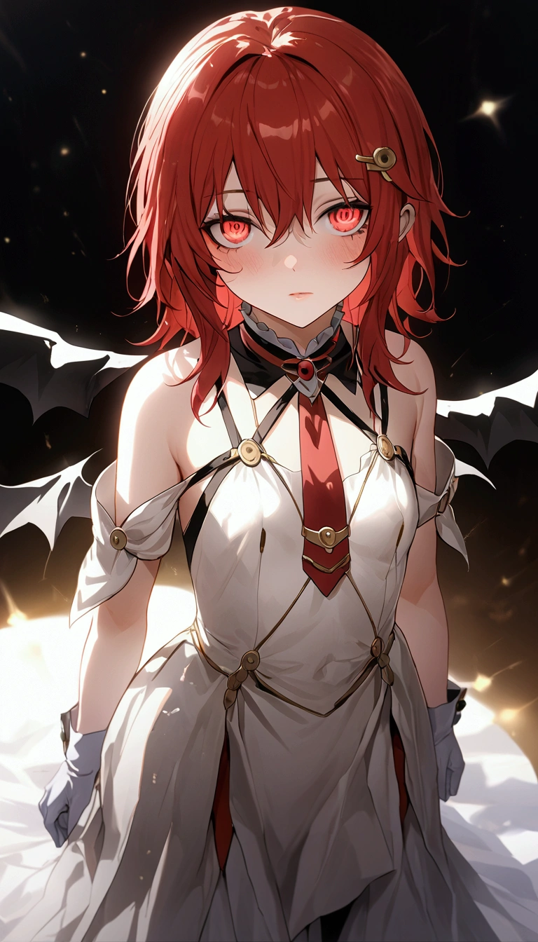 (Masterpiece. The best quality. 8K. Sharp focus. Depth of field, The best shadows. Perfect lighting. HDR. Realistic skin texture. Ultra-detailed background. Detailing). Anime style. 1 Girl. . . Baby. . Honkai: Star Rail. March 7. Owari no Seraph. Vampire. Vampire ancestor. Fiery red hair. Short hair. Beautiful hair. Ultra-detailed hair. Scarlet-gold eyes. Black, vertical pupils. Beautiful eyes. Beautiful eyes. Expressive eyes. Ultra-detailed eyes. Perfect face. Beautiful face. Beautiful nose. Thin lips. Light makeup. Ultra-detailed face. Childish body. Immature body. Zero size breasts. Flat chest. Ultra-detailed body. Childish hands. Well-groomed manicure. Ultra-detailed hands. Childish feet.  Ultra-detailed legs. Ultra-detailed crotch. White underwear. Childish, light, white dress - the uniform of the vampire progenitors from Owari no Seraph. White boots. White gloves. Golden hair clip. Ultra-detailed clothes. The girl stands at full height. The girl stands at full height. No background. White background. No wallpaper. White wallpaper. Full body. Ultra-detailed graphic quality. Ultra-detailed image quality. Highest resolution.