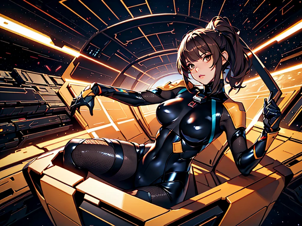 1girl, slender body, slim, extremely long ponytail, (dark brown hair), brown eyes, tan skin, ((ochre and black latex bodysuit)), (black armor), (((hexagonal mesh))), ((extremely glossy)), cyberwear, space background, starship interior, space cockpit
