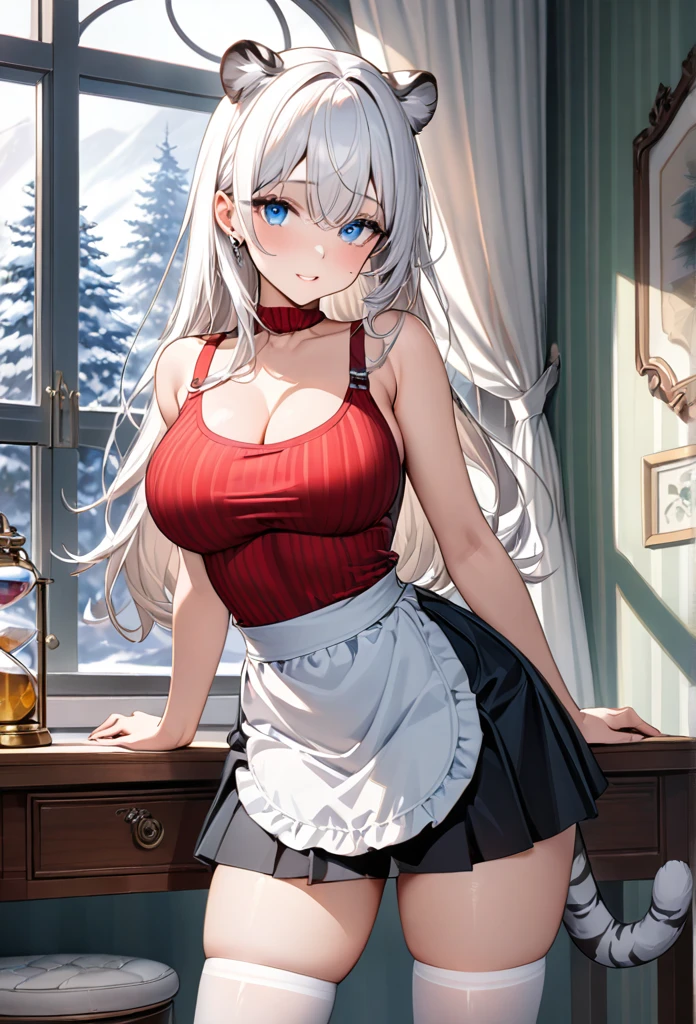 highest quality, ultra high resolution, super detailed, gorgeous, masterpiece, best quality, high resolution finely detailed, extremely beautiful, distinct image, hourglass figure, 1 girl, 2, (front-view), (side-view), soft and beautiful facial features, symmetrical face, (((casual red top))), ((( simple black knee-length skirt))), white waist apron atop her skirt, sheer white thigh-high stockings, piercing predatory blue eyes, innocent doe shaped eyes type, well endowed breasts F-cup breasts, immaculate curves, tall height(190cm), slim thick curvy body, athletic and flexible physiques, flowing snow-white hair, narrow waist, long legs, opulent bedroom background, milky white skin color shimmering in the sunlight coming in from the window, hip-level shot, snow-white feline tiger ears, white striped tiger tail protruding out her back, natural indoor background with a bed and desk, casting gentle shadows, casual and slightly intense atmosphere, low angle, sharp focus on the subject, no motion blur, well-lit overall exposure, front-view, gazing straight into the camera