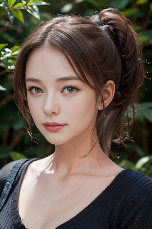 ((top-quality、8K、Photorealsitic, ​masterpiece:1.3)), 1 Japanese girl, hyperdetailed face, No makeup, Detailed lips, (black eyes:1.4), (light smile:0.7), (low ponytail:1.4),  dark Brown hair, Cleavage, halter shoulder white summer sweater, maxi length,  (Light Particles, lens flare, glowing particles:0.6), background forest