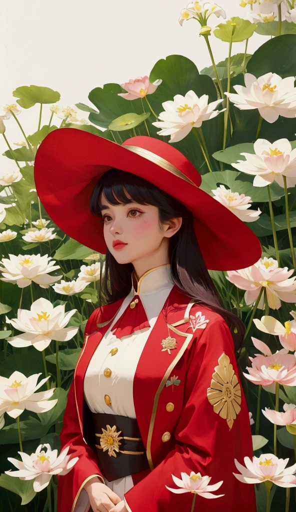 woman、Beauty、Aristocratic costumes of the 1980s、Red suit with white collar and gold buttons、White Hat、Lots of flowers、pure connection、Sweet flag、rose、lily of the valley、Kasumi、Lotus flower、Dandelion、Geometric patterns、High image quality