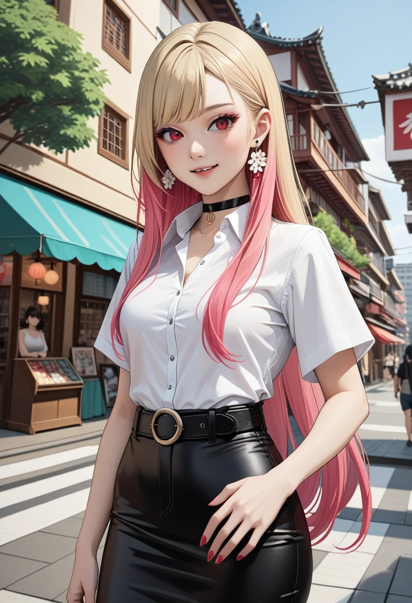 realistic anime illustration of young woman, (kitagawa_marin, blonde_hair, choker, ear_piercing, bangs, jewelry, earrings, very_long_hair, red_eyes, swept_bangs, multicolored hair, pink ombre hair), smiling at plaza, she wearing white short sleeve collared unbuttoned top shirt, (black pencil mini skirt with belt), and loafer ((masterpiece:1.2), (best quality:1.2), (very aesthetic:1.2), (absurdres:1.2), (detailed background), intricate details, newest), (1girl, solo, full body), (japanese anime style)