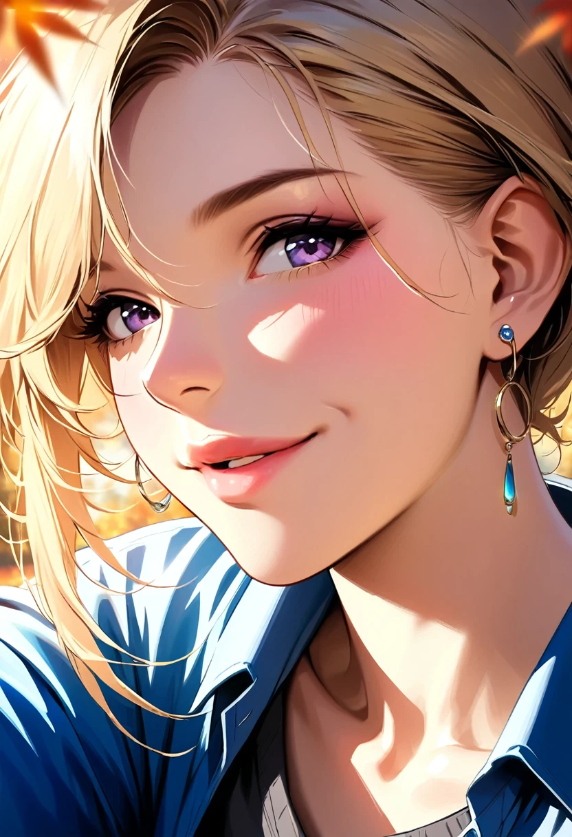 (Best Quality,4K,8k,High resolution,masterpiece:1.2),非常にdetailed,Vibrant colors,Beautiful details,Low contrast、Blonde、juvenile、1 male、One person、Realistic Lighting、School、、Earrings、Face Focus、smile、明るいsmile、(masterpiece), (Best Quality: 1.0), (超High resolution: 1.0), detailed, detailed ,Practical skin,autumn, 